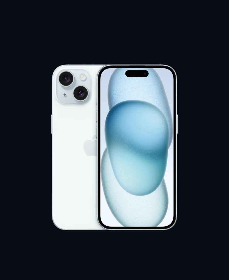 iPhone 15 in Blue — official Apple product showcase photo